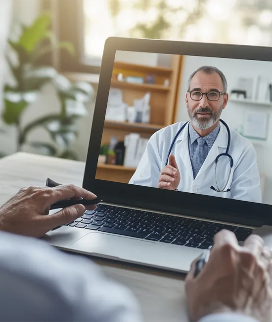 Videokonferenz mit Arzt auf Laptop – Smart Upgrade erfüllt eure gesetzlichen Betreuungsanforderungen flexibel